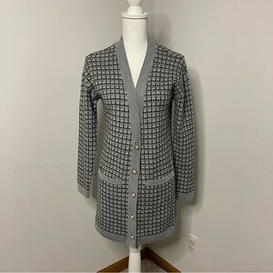 Talbots Pure Merino Wool Tweed Plaid Longline Cardigan Sweater Gray Black Petite